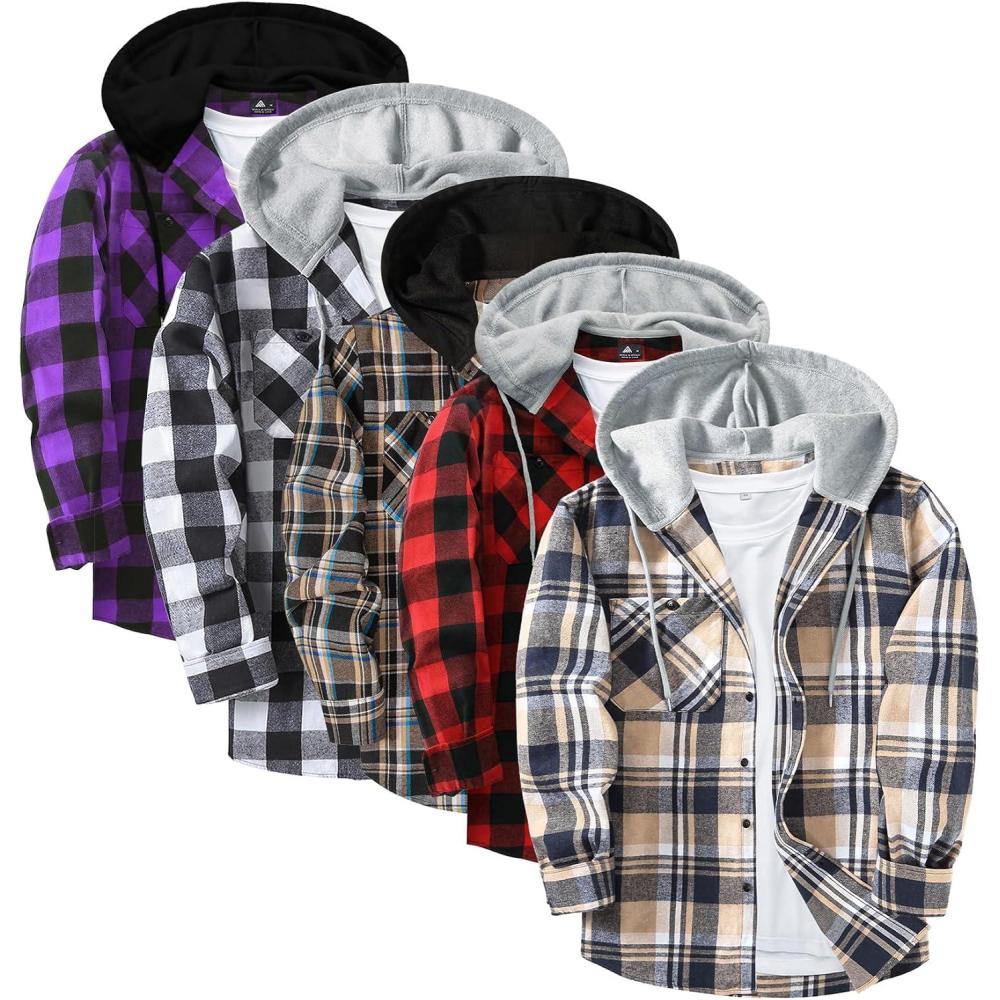 imageZITY 5 Pack Mens Flannel Hoodie Shirts Button Down Long Sleeve Casual Stylish Plaid Hooded Shirt with PocketBlack Purple Dark Blue Brown Dark Blue Beige Red White Black