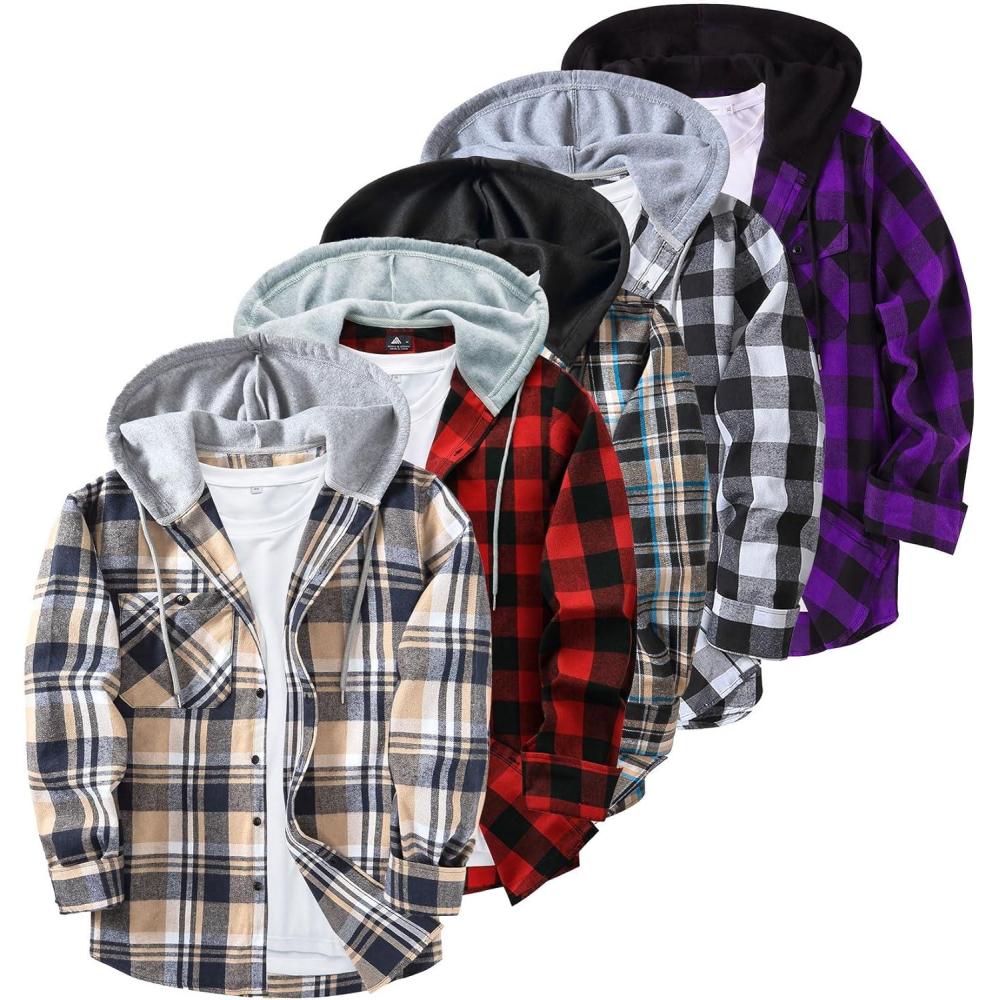imageZITY 5 Pack Mens Flannel Hoodie Shirts Button Down Long Sleeve Casual Stylish Plaid Hooded Shirt with PocketBlack Purple Dark Blue Brown White Black Dark Blue Beige Red