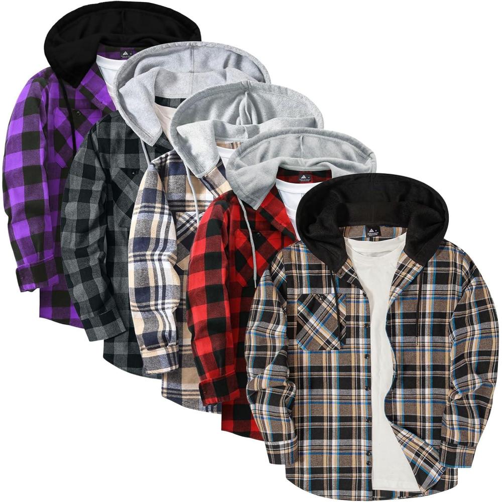 imageZITY 5 Pack Mens Flannel Hoodie Shirts Button Down Long Sleeve Casual Stylish Plaid Hooded Shirt with PocketBlack Purple Dark Gray Dark Blue Beige Dark Blue Brown Red