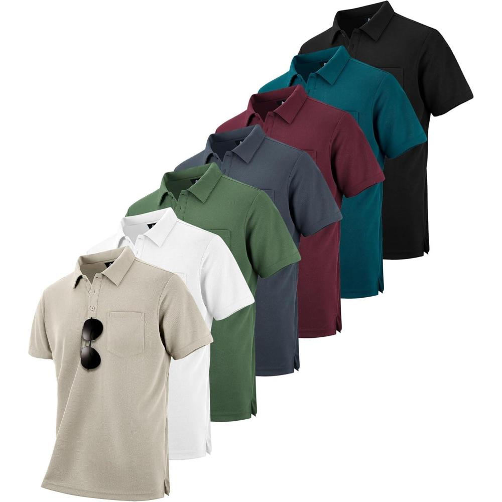 imageZITY 7 Pack Mens Polo Shirts with Pocket Moisture Wicking Short Sleeve Outdoor Golf Athletic Work Multipack ShirtsBlackgreyarmy Greenapricotwine Reddark Teal Bluewhite
