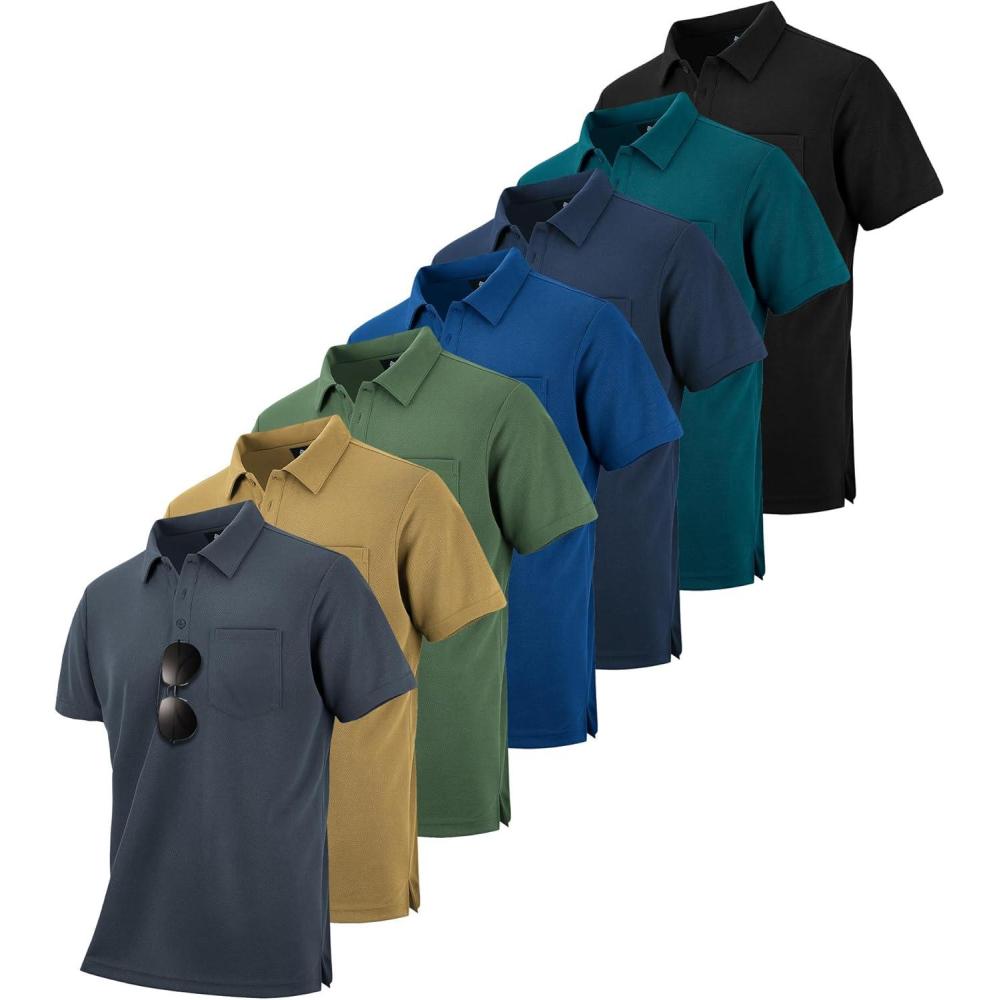 imageZITY 7 Pack Mens Polo Shirts with Pocket Moisture Wicking Short Sleeve Outdoor Golf Athletic Work Multipack ShirtsBlackgreyarmy Greenkhakinavyroyal Bluedark Teal Blue