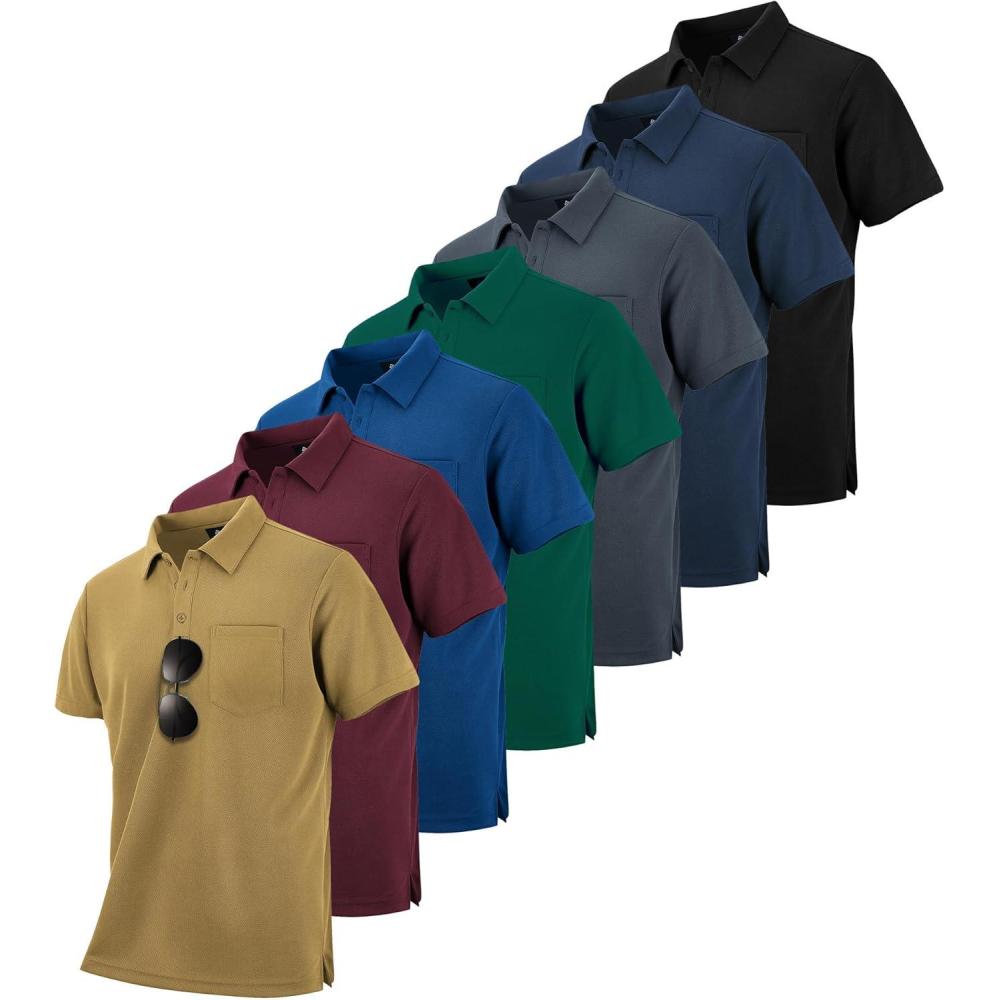 imageZITY 7 Pack Mens Polo Shirts with Pocket Moisture Wicking Short Sleeve Outdoor Golf Athletic Work Multipack ShirtsBlackgreyforest Greenkhakiwine Rednavyroyal Blue