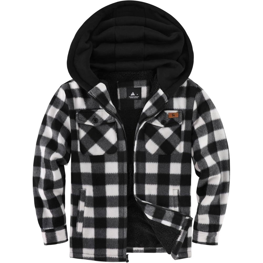 imageZITY Boys Flannel Jacket Sherpa Lined Hoodies Zip Up Fleece Plaid Shirt Unisex Winter Coat Kids Outerwear 615 YearsBlack White
