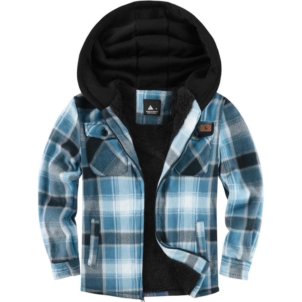 imageZITY Boys Flannel Jacket Sherpa Lined Hoodies Zip Up Fleece Plaid Shirt Unisex Winter Coat Kids Outerwear 615 YearsBlue White