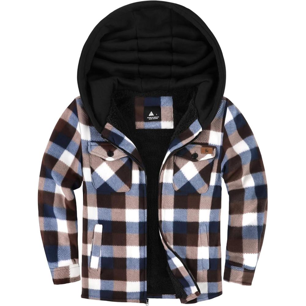 imageZITY Boys Flannel Jacket Sherpa Lined Hoodies Zip Up Fleece Plaid Shirt Unisex Winter Coat Kids Outerwear 615 YearsCoffee