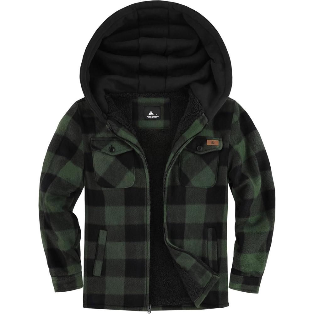imageZITY Boys Flannel Jacket Sherpa Lined Hoodies Zip Up Fleece Plaid Shirt Unisex Winter Coat Kids Outerwear 615 YearsDark Green