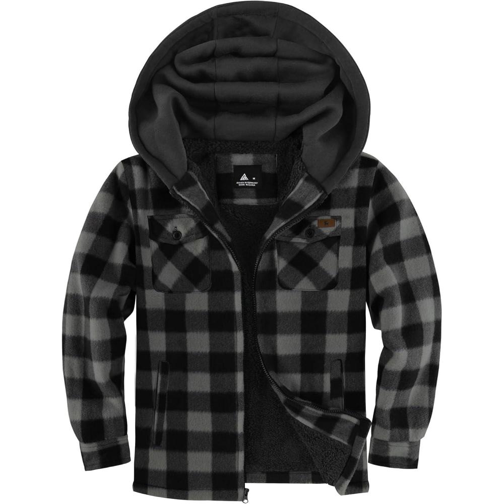 imageZITY Boys Flannel Jacket Sherpa Lined Hoodies Zip Up Fleece Plaid Shirt Unisex Winter Coat Kids Outerwear 615 YearsDark Grey