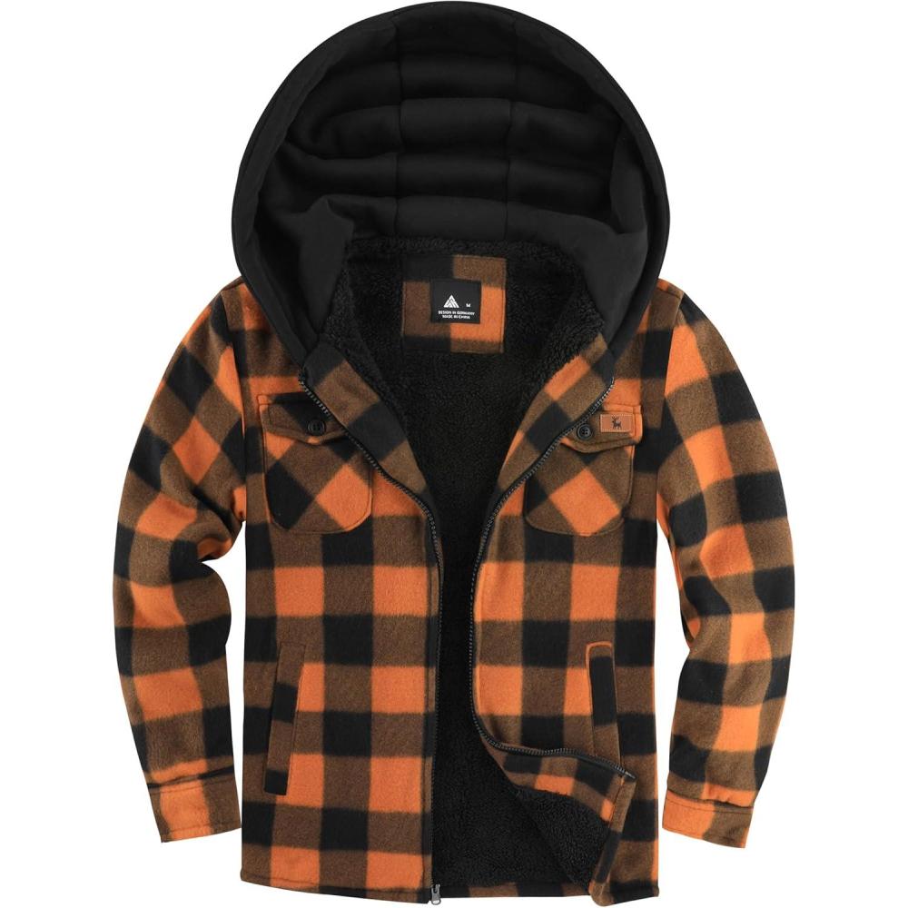 imageZITY Boys Flannel Jacket Sherpa Lined Hoodies Zip Up Fleece Plaid Shirt Unisex Winter Coat Kids Outerwear 615 YearsOrange Black