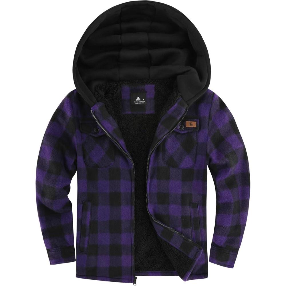 imageZITY Boys Flannel Jacket Sherpa Lined Hoodies Zip Up Fleece Plaid Shirt Unisex Winter Coat Kids Outerwear 615 YearsPurple
