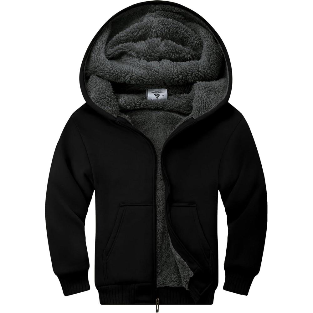 imageZITY Boys Zip Up Hoodie Fleece Jacket Kids Sherpa Lined Sweatshirts Outerwear Unisex Warm Winter Coat 615 Years OldBlack