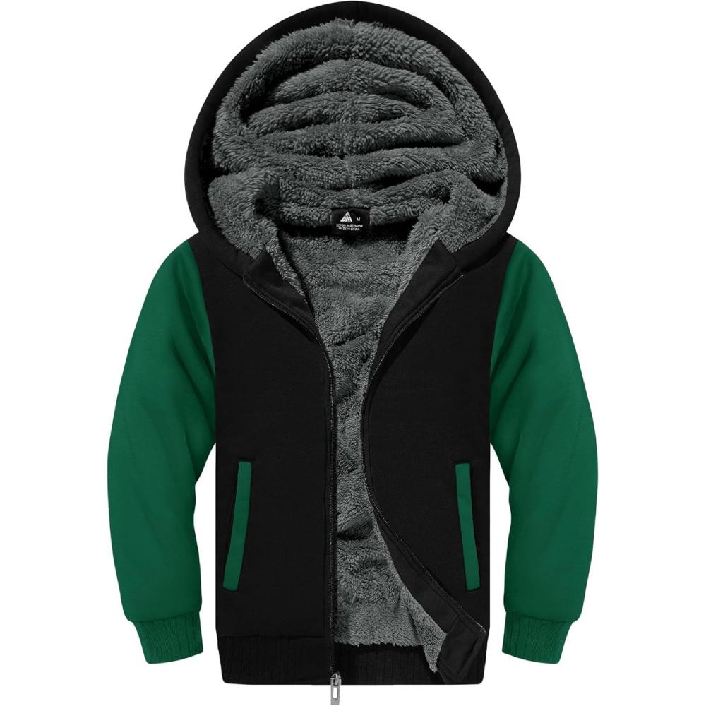 imageZITY Boys Zip Up Hoodie Fleece Jacket Kids Sherpa Lined Sweatshirts Outerwear Unisex Warm Winter Coat 615 Years OldBlack Green