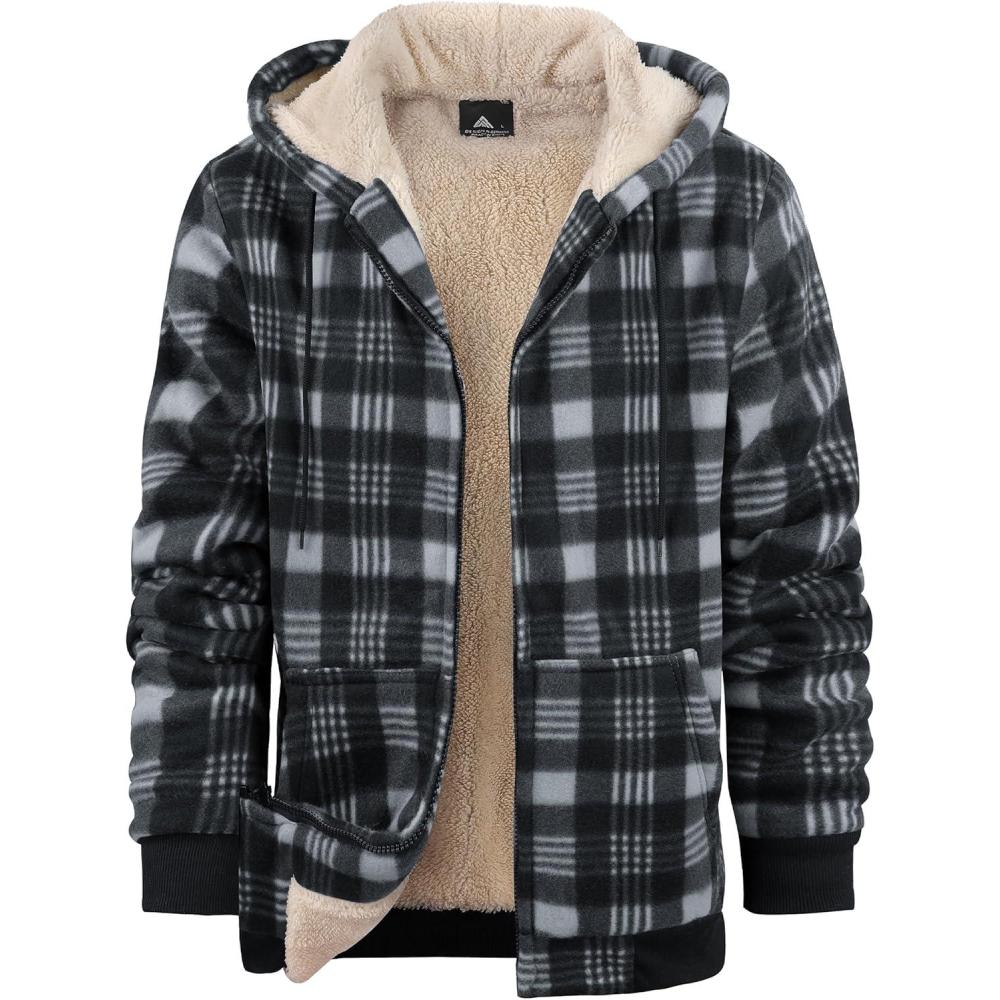 imageZITY Heavy Thick Hoodies for Men Plaid Flannel Warm Sherpa Fleece Lined Winter Full Zip Up CoatBlack Gray