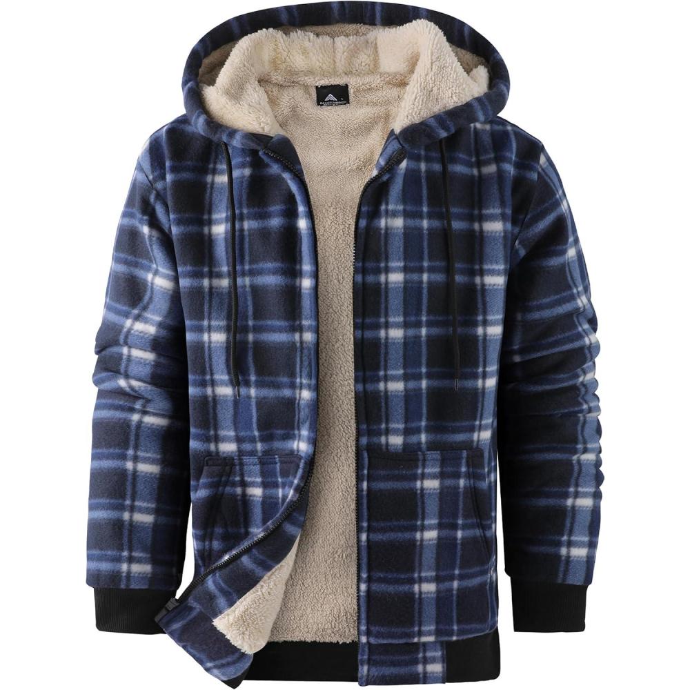 imageZITY Heavy Thick Hoodies for Men Plaid Flannel Warm Sherpa Fleece Lined Winter Full Zip Up CoatDark Blue