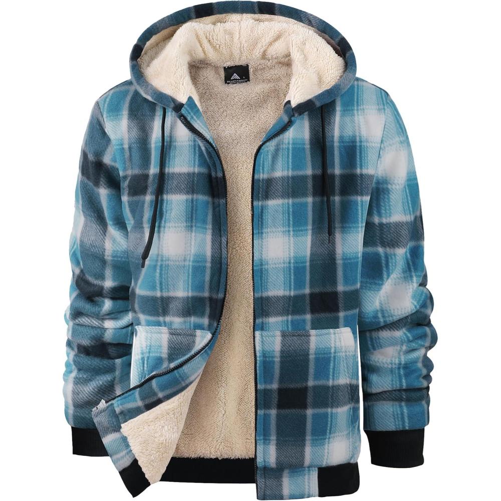 imageZITY Heavy Thick Hoodies for Men Plaid Flannel Warm Sherpa Fleece Lined Winter Full Zip Up CoatLight Blue White