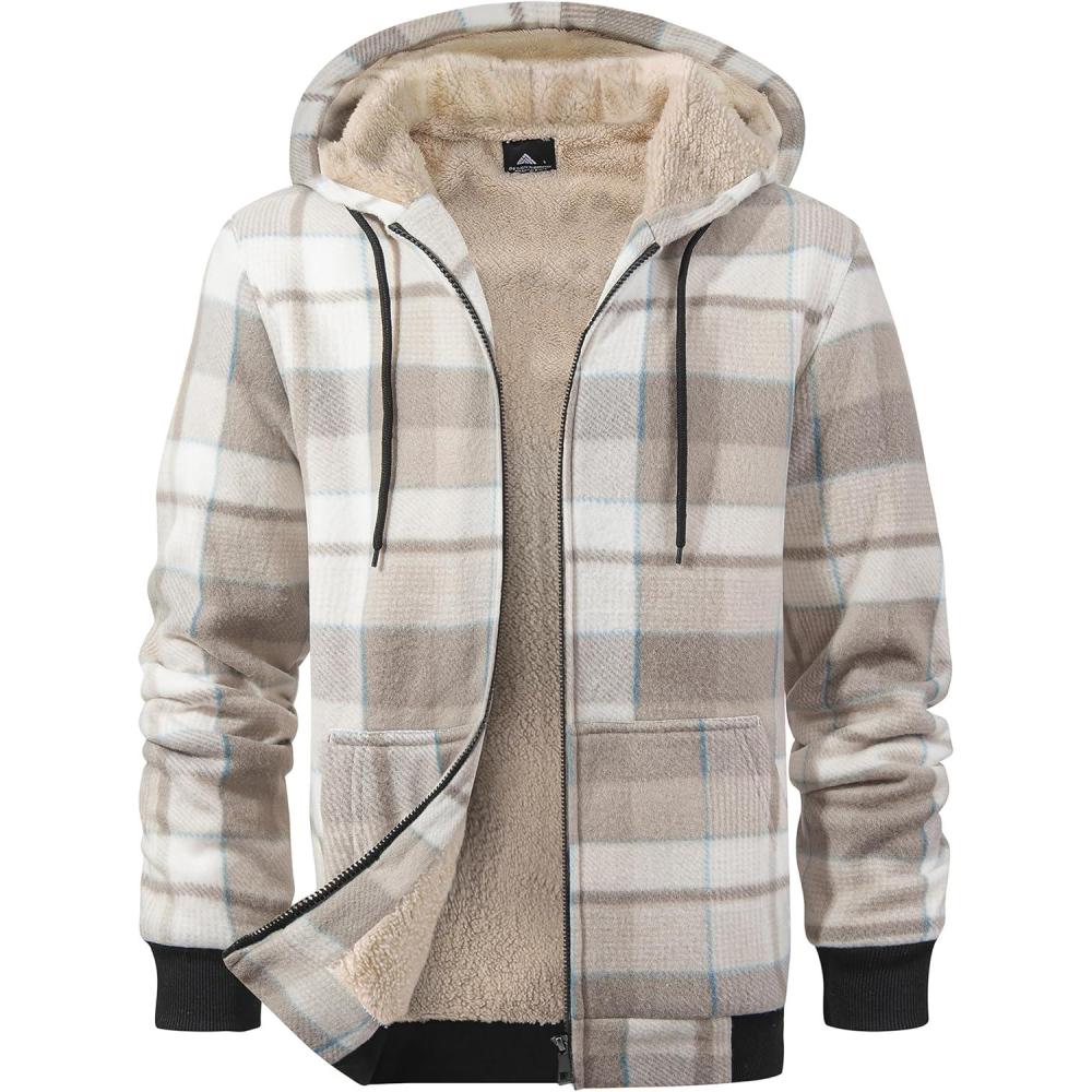 imageZITY Heavy Thick Hoodies for Men Plaid Flannel Warm Sherpa Fleece Lined Winter Full Zip Up CoatLight Gray White