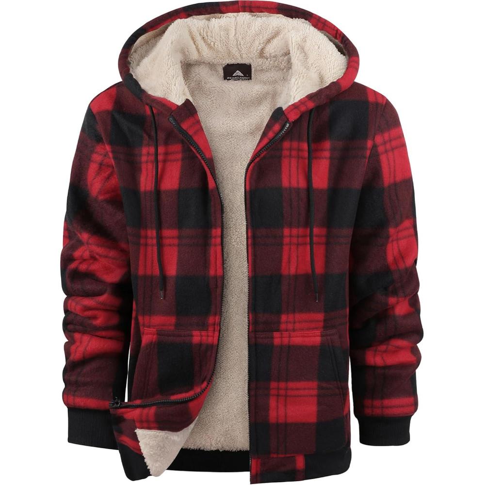 imageZITY Heavy Thick Hoodies for Men Plaid Flannel Warm Sherpa Fleece Lined Winter Full Zip Up CoatRed