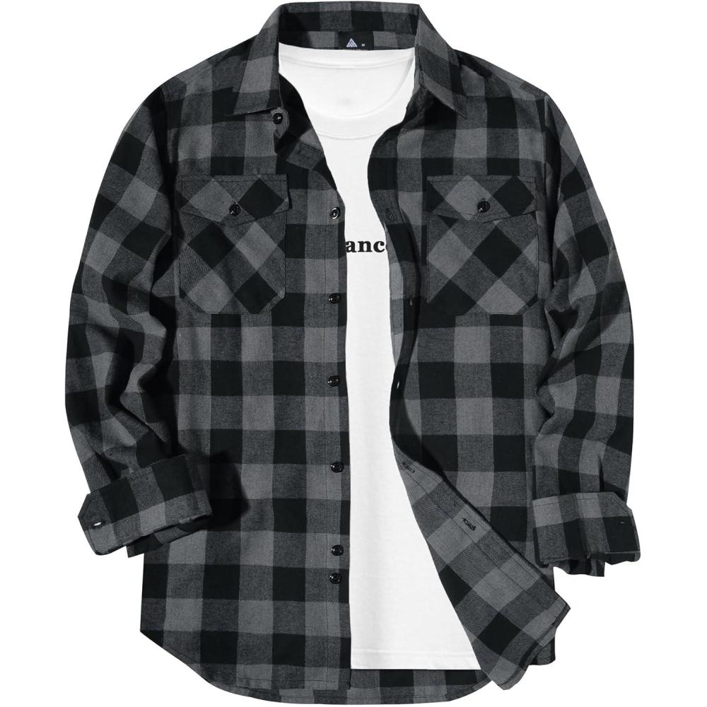 imageZITY Men Plaid Flannel Shirts Long Sleeve Casual Button Down Collar Jackets for Men with PocketsOne Dark Grey