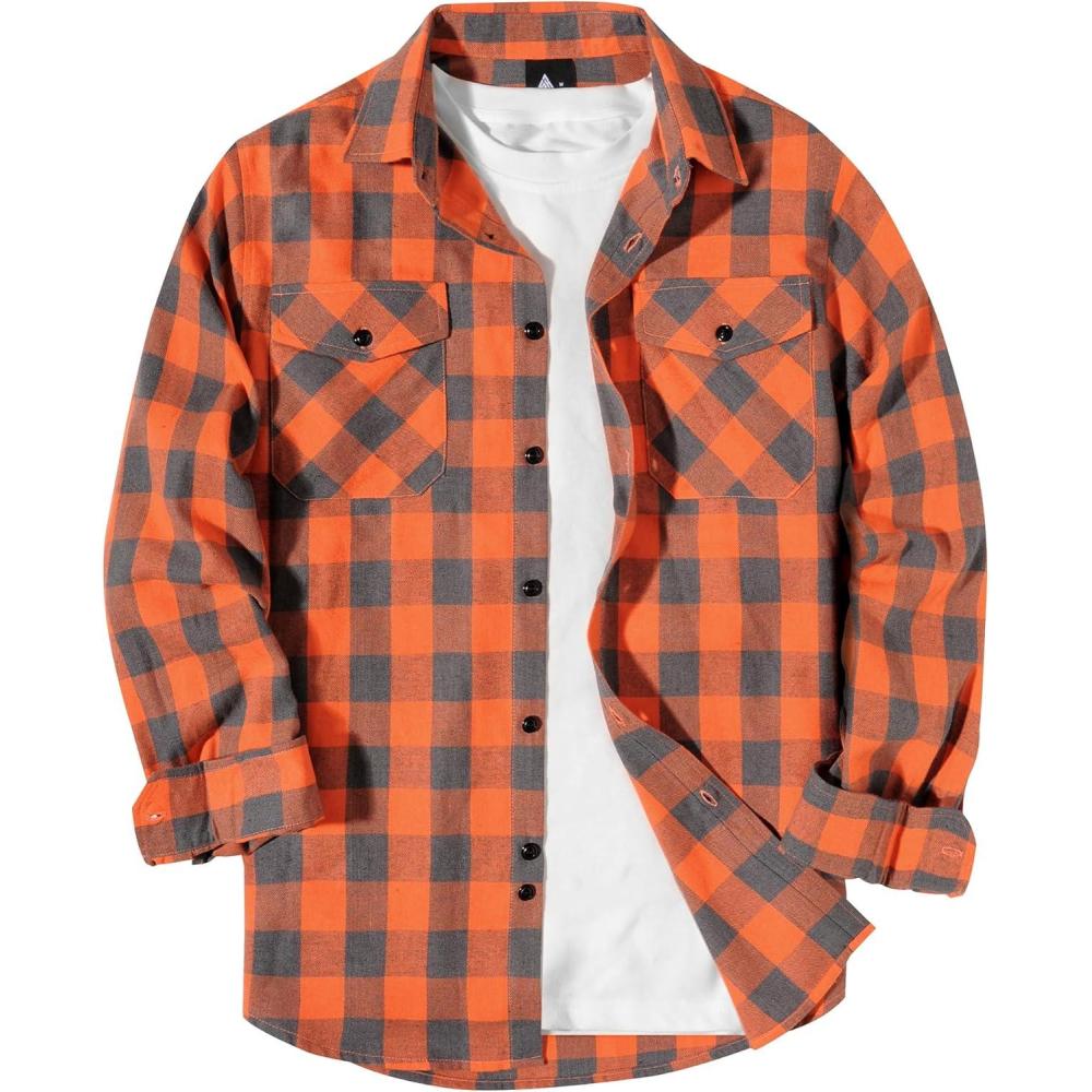 imageZITY Men Plaid Flannel Shirts Long Sleeve Casual Button Down Collar Jackets for Men with PocketsOne Orange