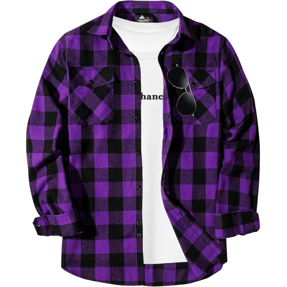 imageZITY Men Plaid Flannel Shirts Long Sleeve Casual Button Down Collar Jackets for Men with PocketsOne Purple