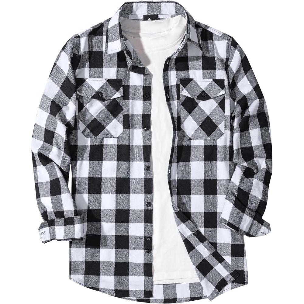 imageZITY Men Plaid Flannel Shirts Long Sleeve Casual Button Down Collar Jackets for Men with PocketsOne Whiteblack