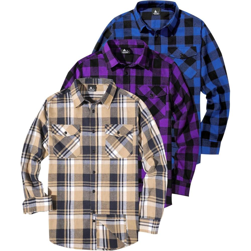 imageZITY Men Plaid Flannel Shirts Long Sleeve Casual Button Down Collar Jackets for Men with PocketsThree Blue Purple Beige