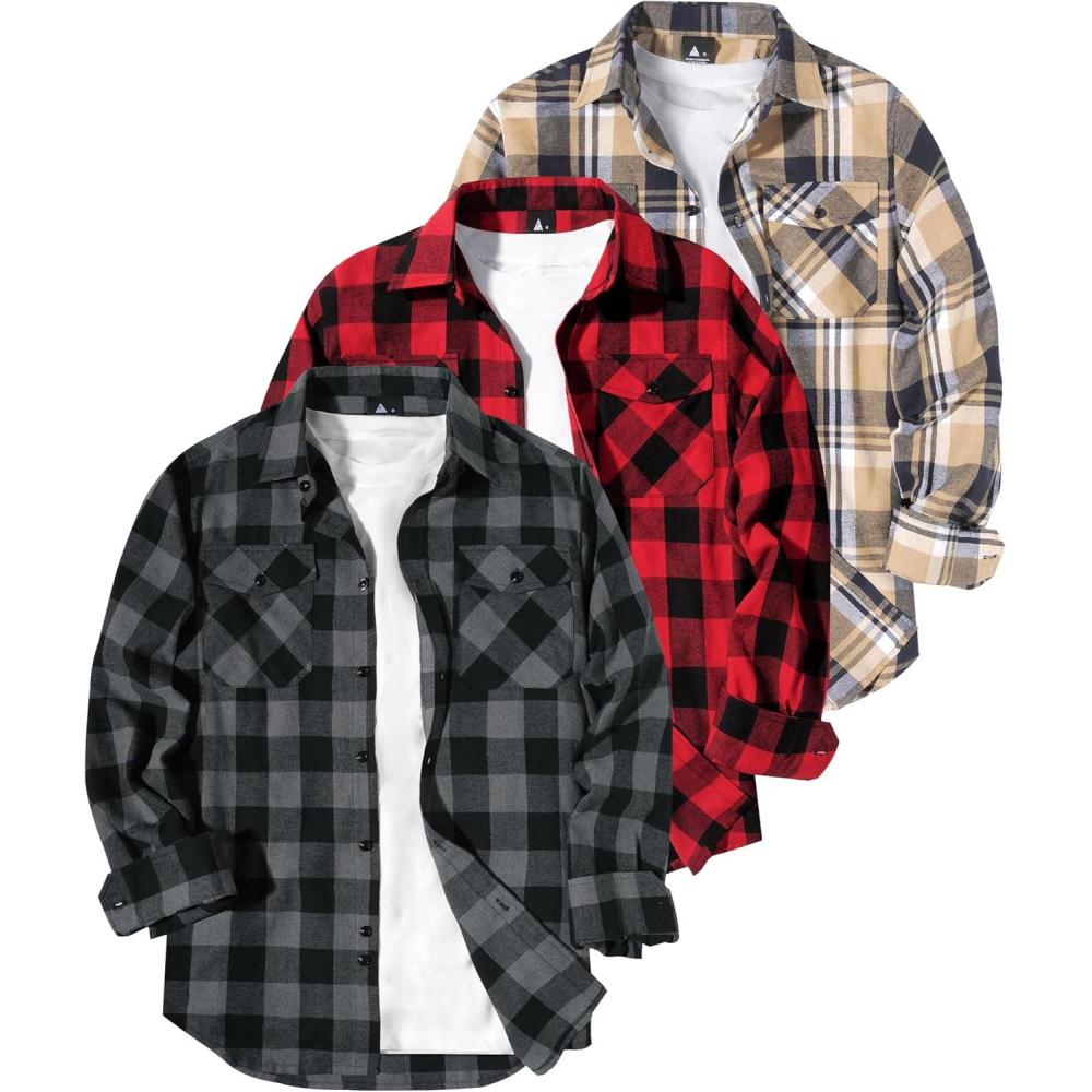 imageZITY Men Plaid Flannel Shirts Long Sleeve Casual Button Down Collar Jackets for Men with PocketsThree Grey Red Beige