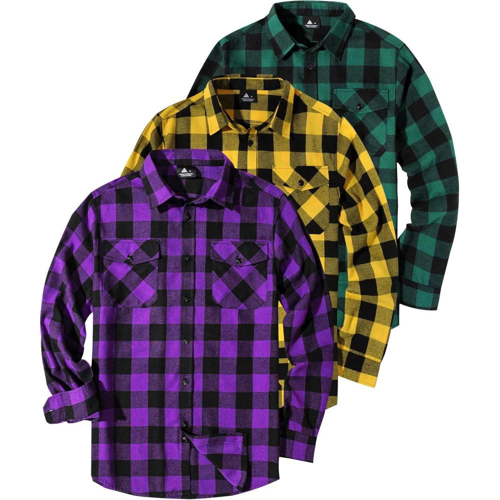 imageZITY Men Plaid Flannel Shirts Long Sleeve Casual Button Down Collar Jackets for Men with PocketsThree Purple Yellow Green