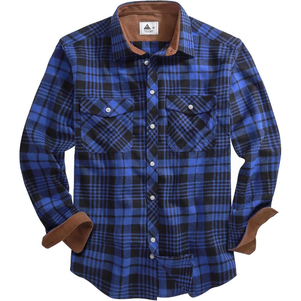 imageZITY Men Plaid Flannel Shirts Long Sleeve Casual Button Down Collar Jackets for Men with PocketsY One Blueblack