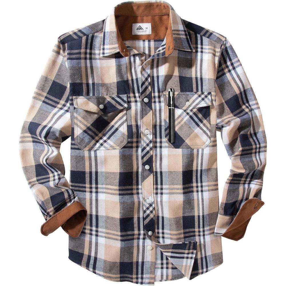 imageZITY Men Plaid Flannel Shirts Long Sleeve Casual Button Down Collar Jackets for Men with PocketsY One Navybeige