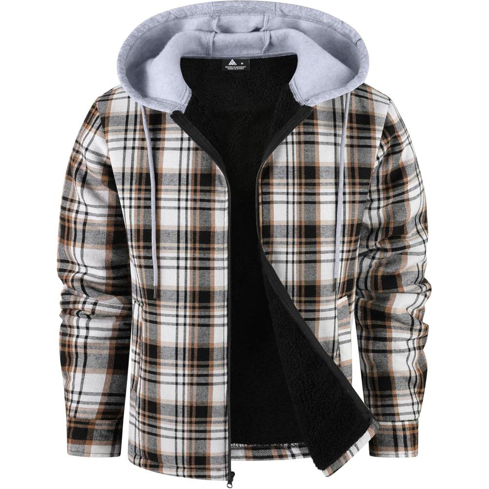 imageZITY Mens Flannel Fleece Hoodie Plaid Sherpa Lined Jackets Zip Up With PocketC Brown