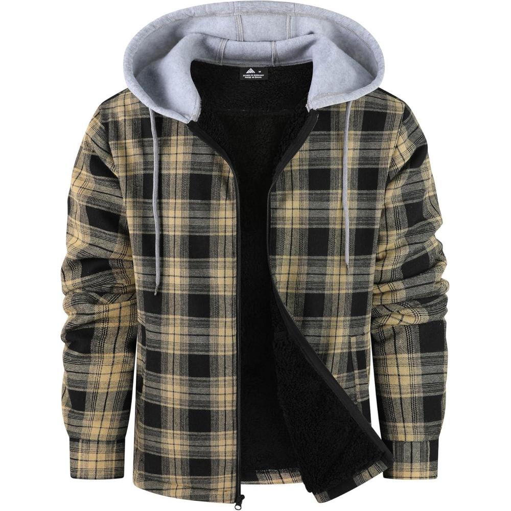 imageZITY Mens Flannel Fleece Hoodie Plaid Sherpa Lined Jackets Zip Up With PocketC Khaki