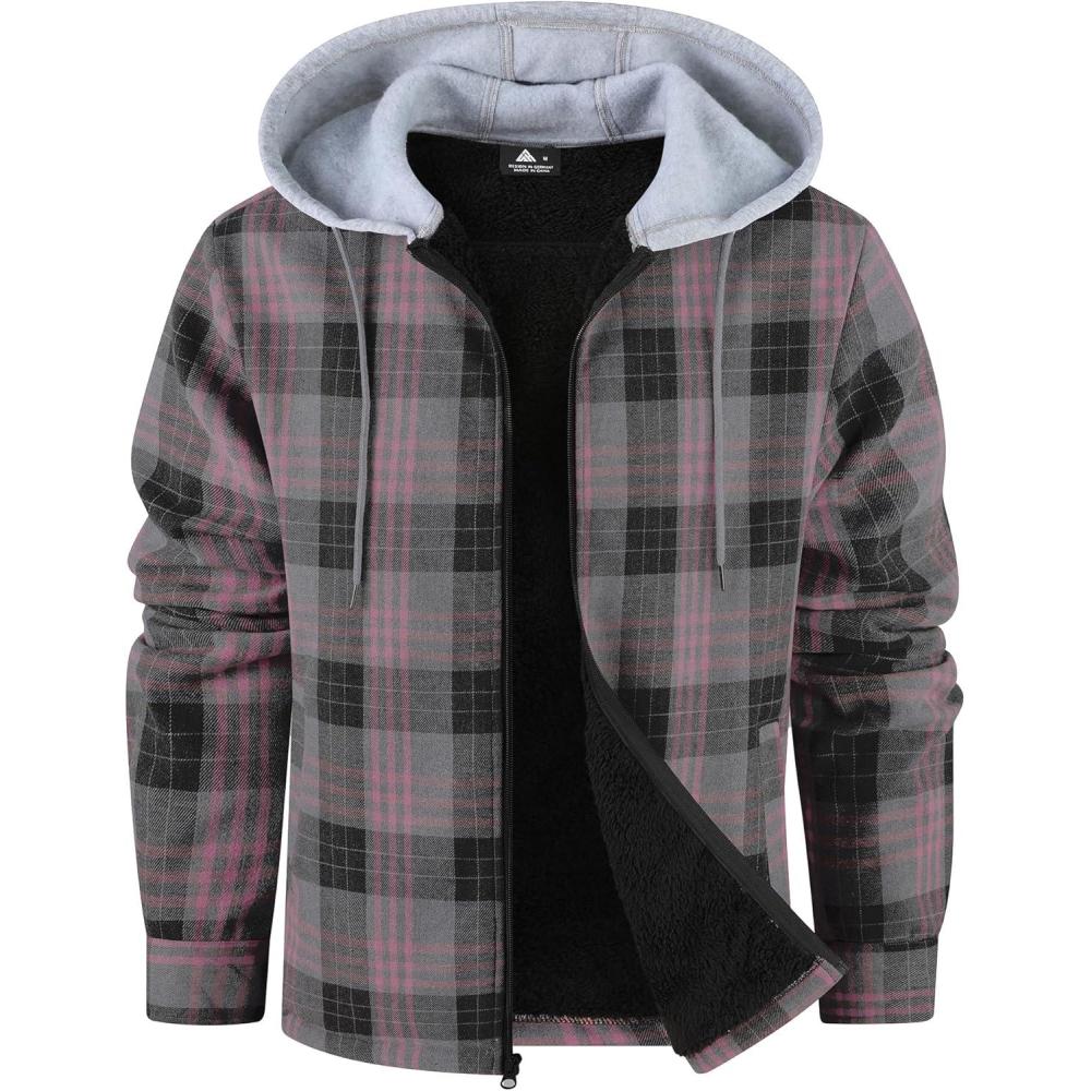 imageZITY Mens Flannel Fleece Hoodie Plaid Sherpa Lined Jackets Zip Up With PocketC Pink