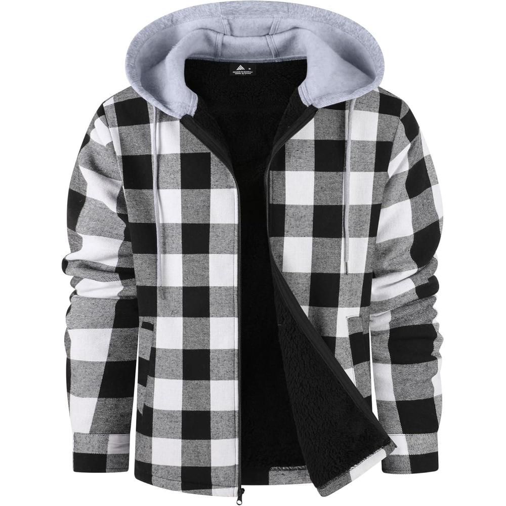 imageZITY Mens Flannel Fleece Hoodie Plaid Sherpa Lined Jackets Zip Up With PocketC White