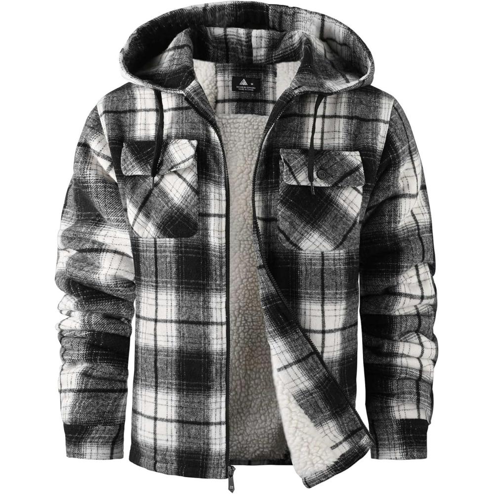 imageZITY Mens Flannel Hooded Jacket Fleece Sherpa Lined Plaid Shirts Jackets Zip Up Sweatshirt Hoodies for Men with 4 PocketsBlack