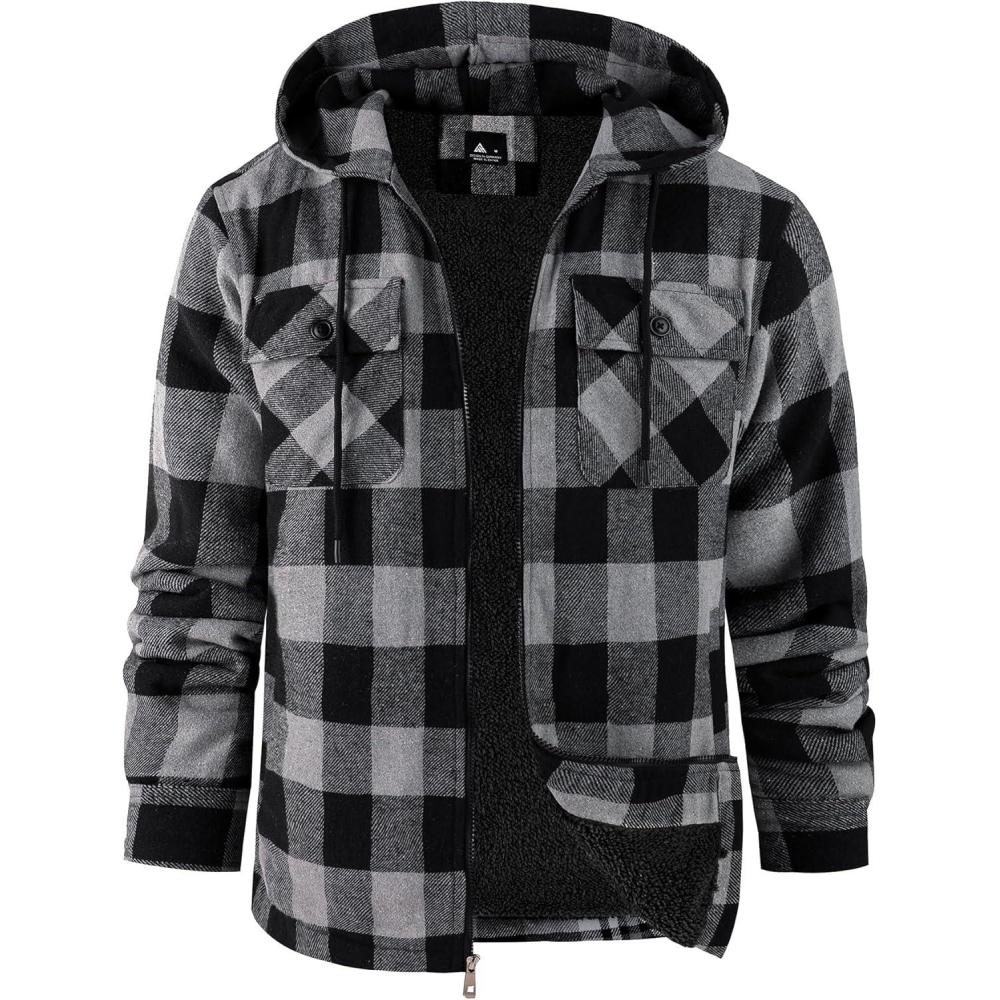 imageZITY Mens Flannel Hooded Jacket Fleece Sherpa Lined Plaid Shirts Jackets Zip Up Sweatshirt Hoodies for Men with 4 PocketsBlack Dark Grey