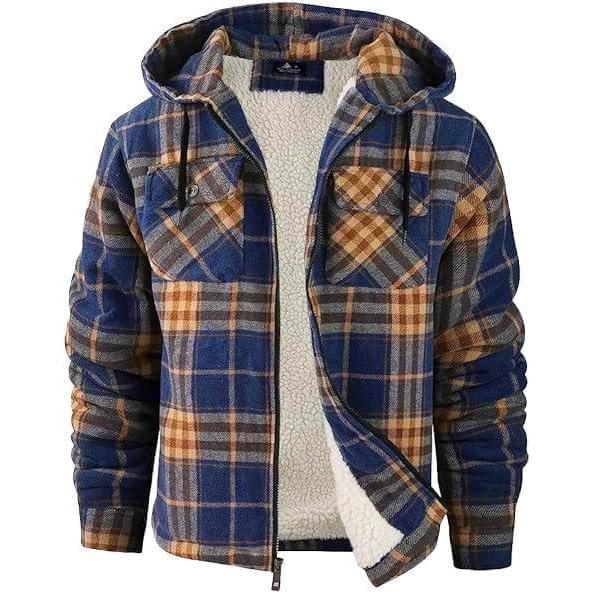 imageZITY Mens Flannel Hooded Jacket Fleece Sherpa Lined Plaid Shirts Jackets Zip Up Sweatshirt Hoodies for Men with 4 PocketsBlue Orange