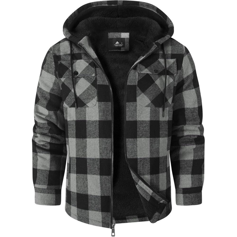 imageZITY Mens Flannel Hooded Jacket Fleece Sherpa Lined Plaid Shirts Jackets Zip Up Sweatshirt Hoodies for Men with 4 PocketsGrey
