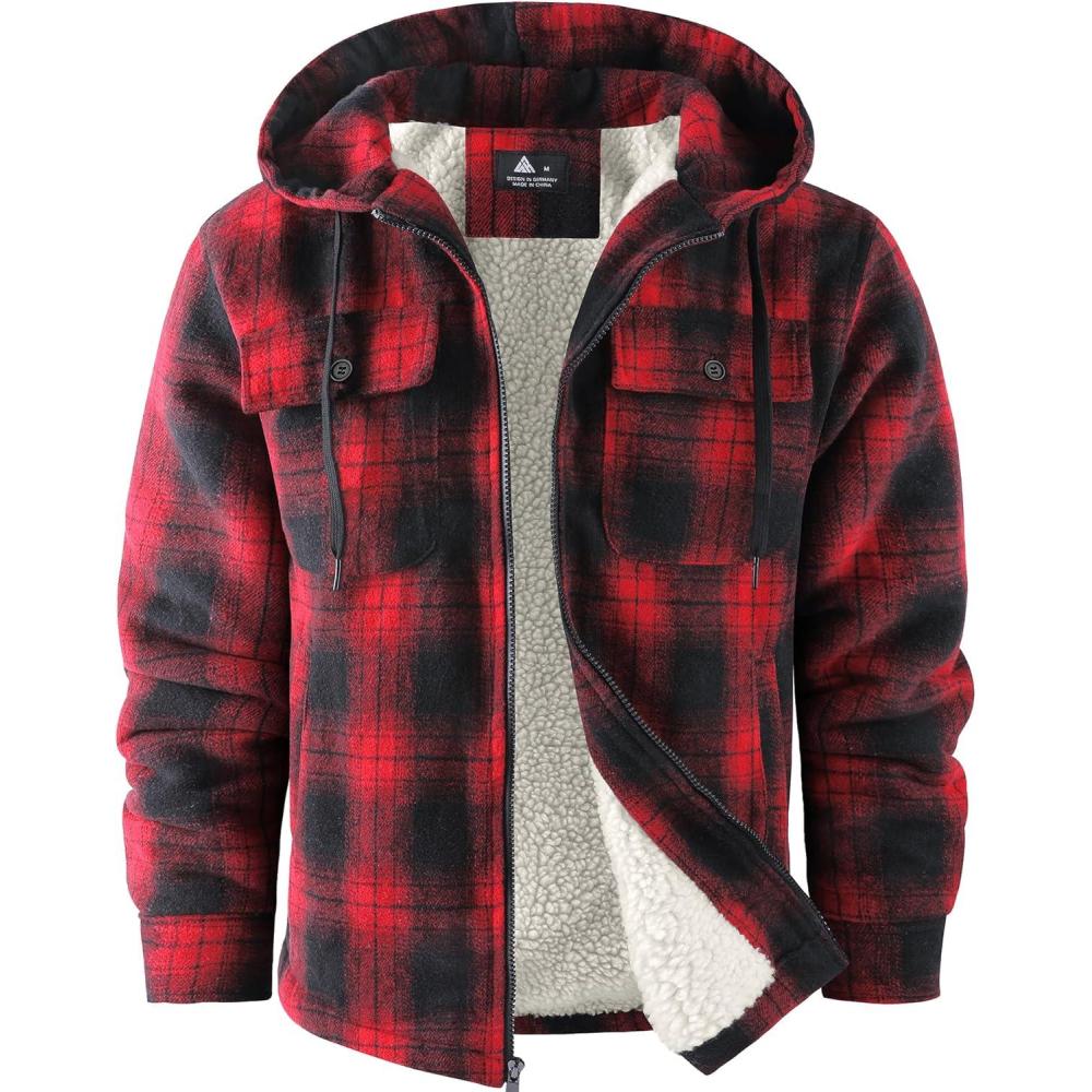 imageZITY Mens Flannel Hooded Jacket Fleece Sherpa Lined Plaid Shirts Jackets Zip Up Sweatshirt Hoodies for Men with 4 PocketsRed Black