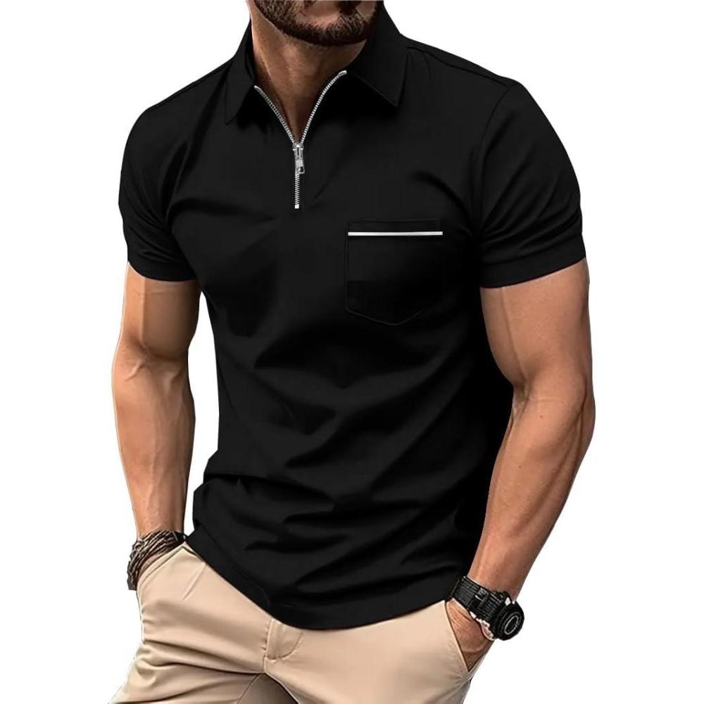 imageZITY Mens Polo Shirts Quarter Zip Shirts Casual Classic Lightweight Short Sleeve Golf Collared Shirt with PocketBlack