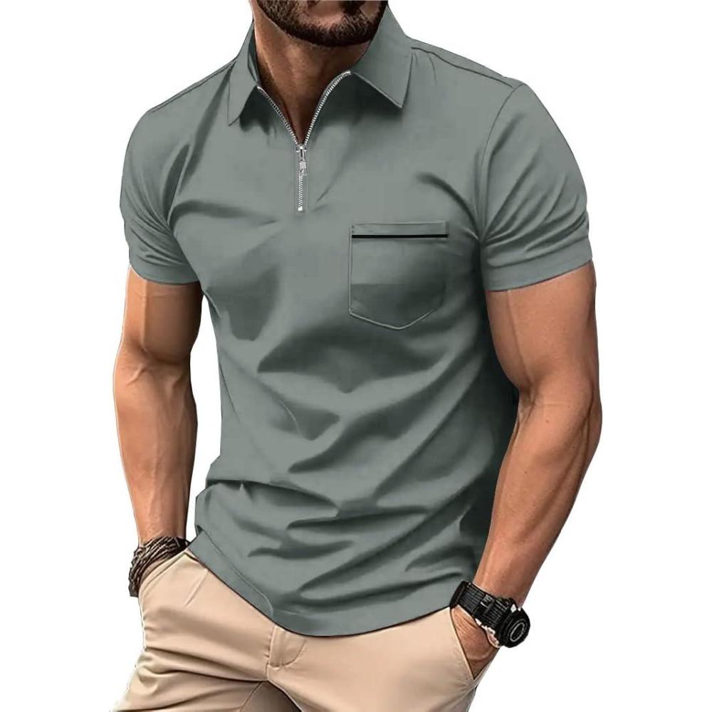 imageZITY Mens Polo Shirts Quarter Zip Shirts Casual Classic Lightweight Short Sleeve Golf Collared Shirt with PocketGrey