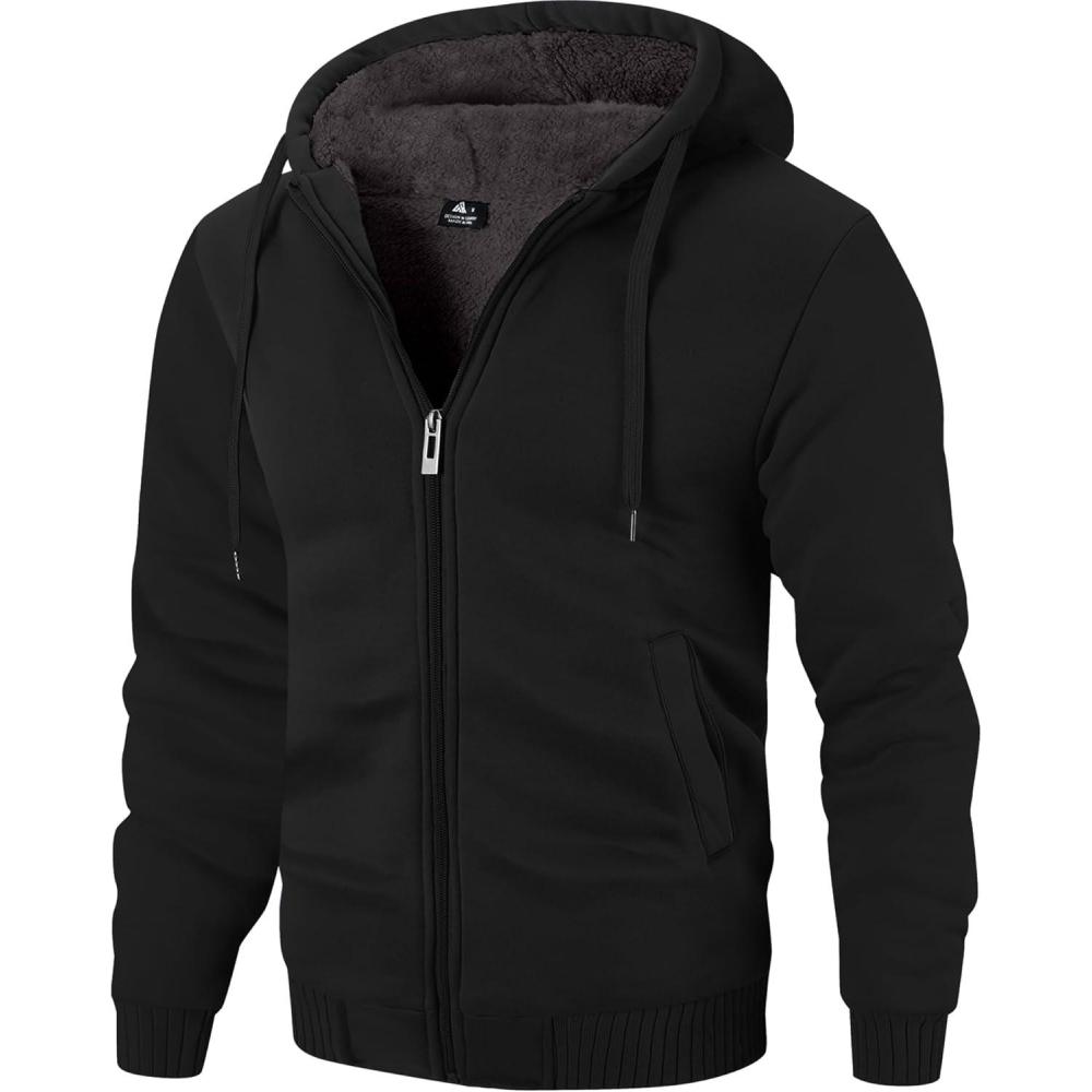 imageZITY Mens Zip Up Hoodie Heavyweight Winter Sweatshirt Fleece Sherpa Lined Warm JacketBlack