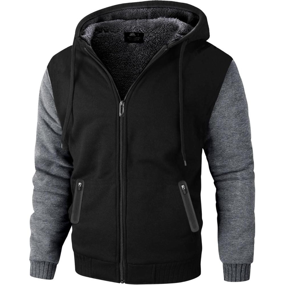 imageZITY Mens Zip Up Hoodie Heavyweight Winter Sweatshirt Fleece Sherpa Lined Warm JacketBlackDark Gray