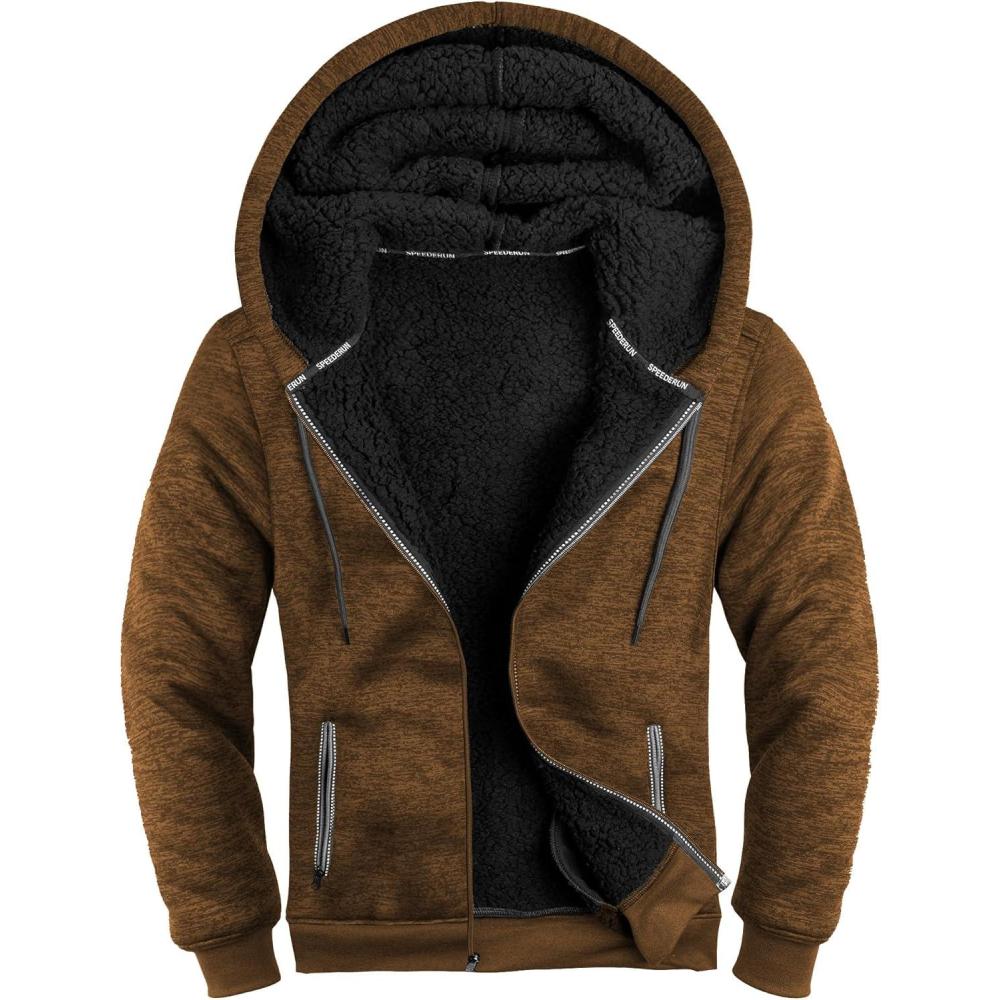 imageZITY Mens Zip Up Hoodie Heavyweight Winter Sweatshirt Fleece Sherpa Lined Warm JacketH Brown