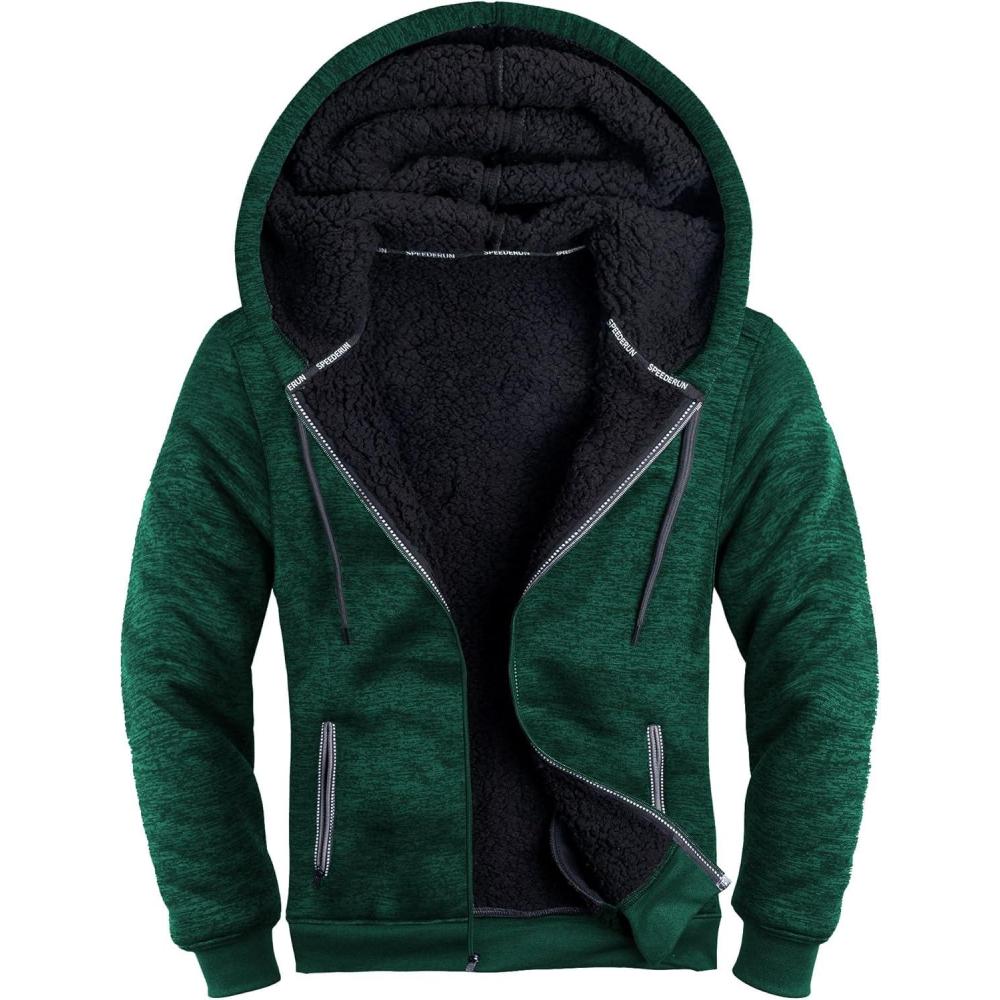 imageZITY Mens Zip Up Hoodie Heavyweight Winter Sweatshirt Fleece Sherpa Lined Warm JacketH Green