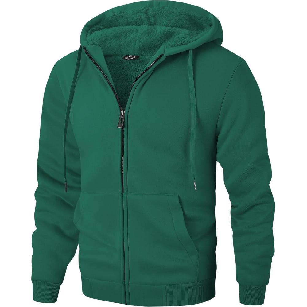 imageZITY Mens Zip Up Hoodie Heavyweight Winter Sweatshirt Fleece Sherpa Lined Warm JacketJet Green
