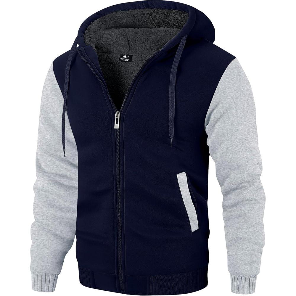 imageZITY Mens Zip Up Hoodie Heavyweight Winter Sweatshirt Fleece Sherpa Lined Warm JacketNavyLight Grey