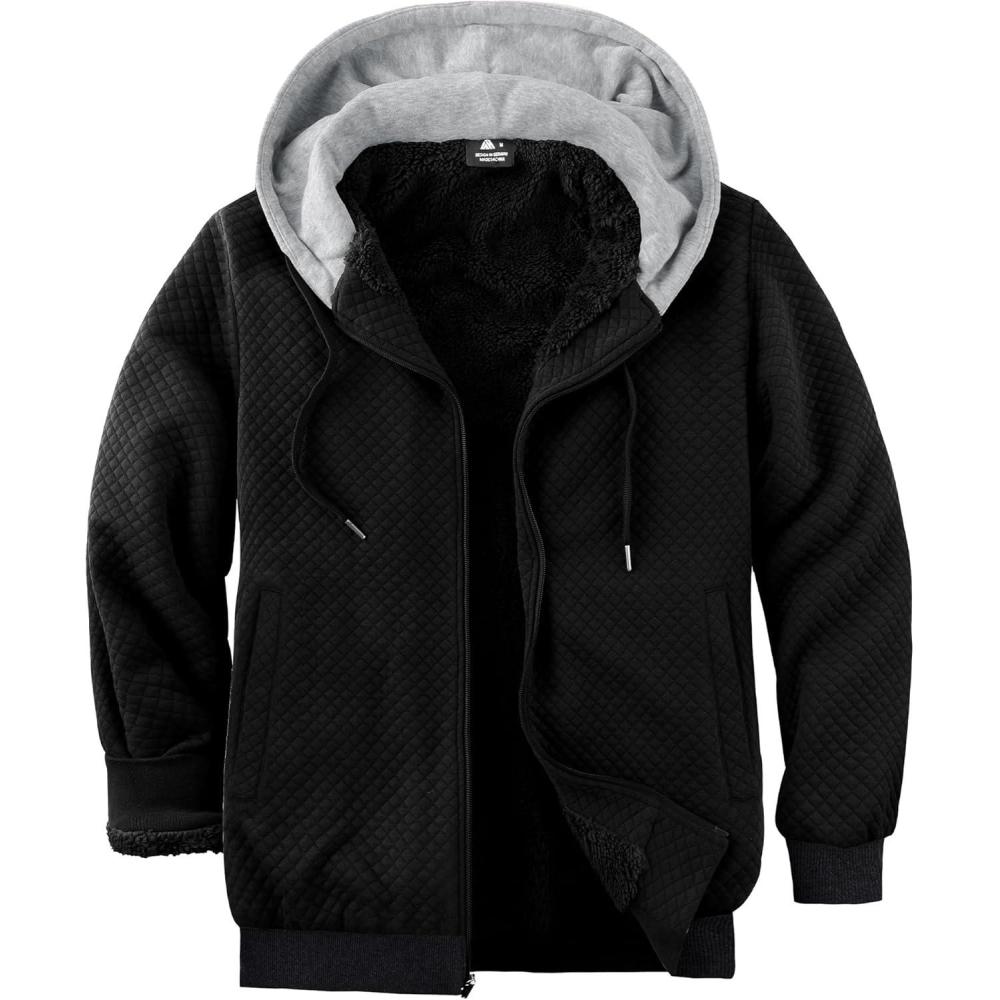 imageZITY Mens Zip Up Hoodie Sherpa Lined Heavyweight Jacket Waffle Knit Fleece Thick Winter Warm SweatshirtBlack