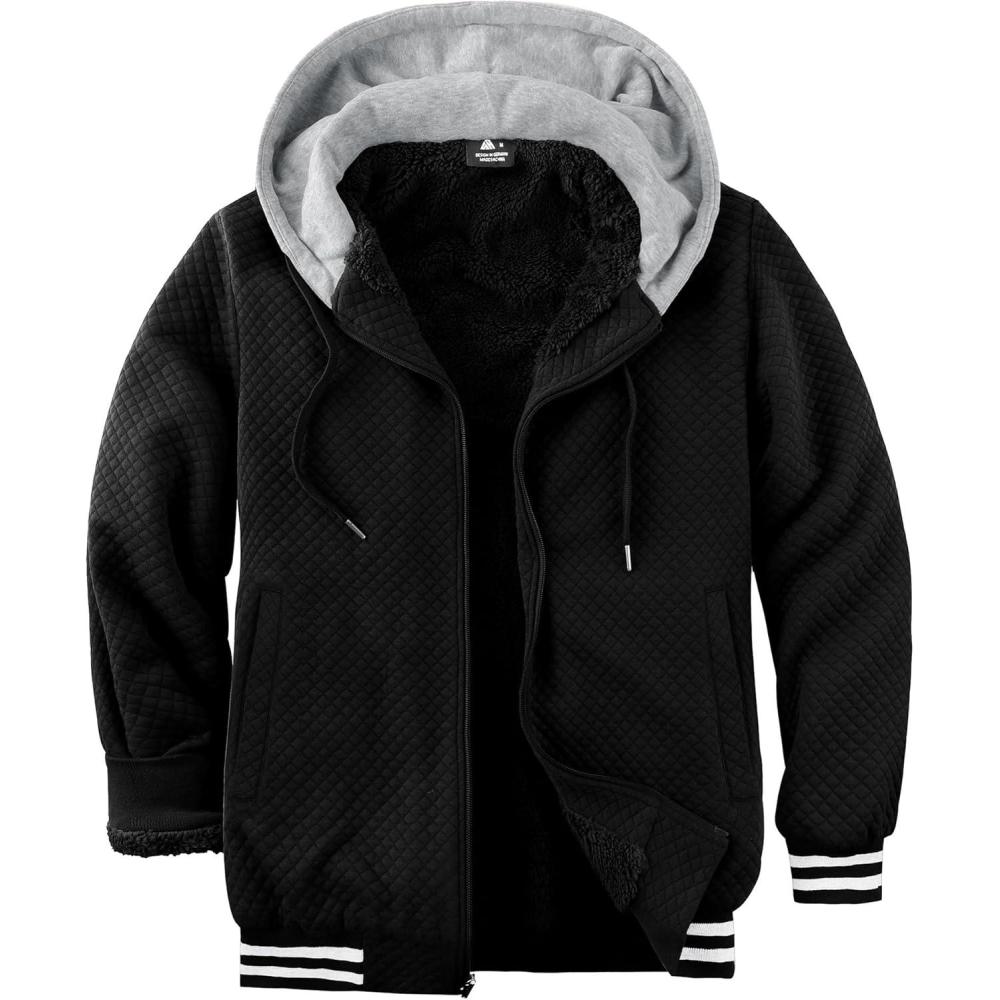 imageZITY Mens Zip Up Hoodie Sherpa Lined Heavyweight Jacket Waffle Knit Fleece Thick Winter Warm SweatshirtBlack1