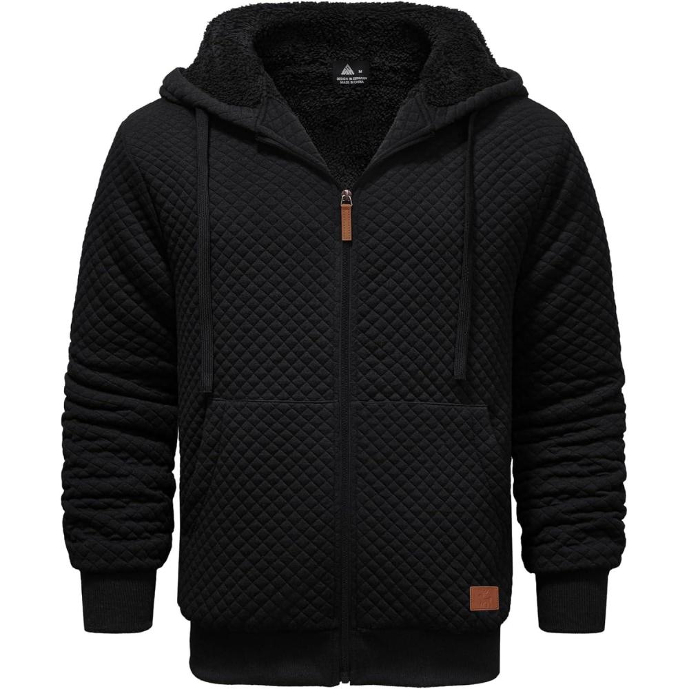 imageZITY Mens Zip Up Hoodie Sherpa Lined Heavyweight Jacket Waffle Knit Fleece Thick Winter Warm SweatshirtCarbon Black