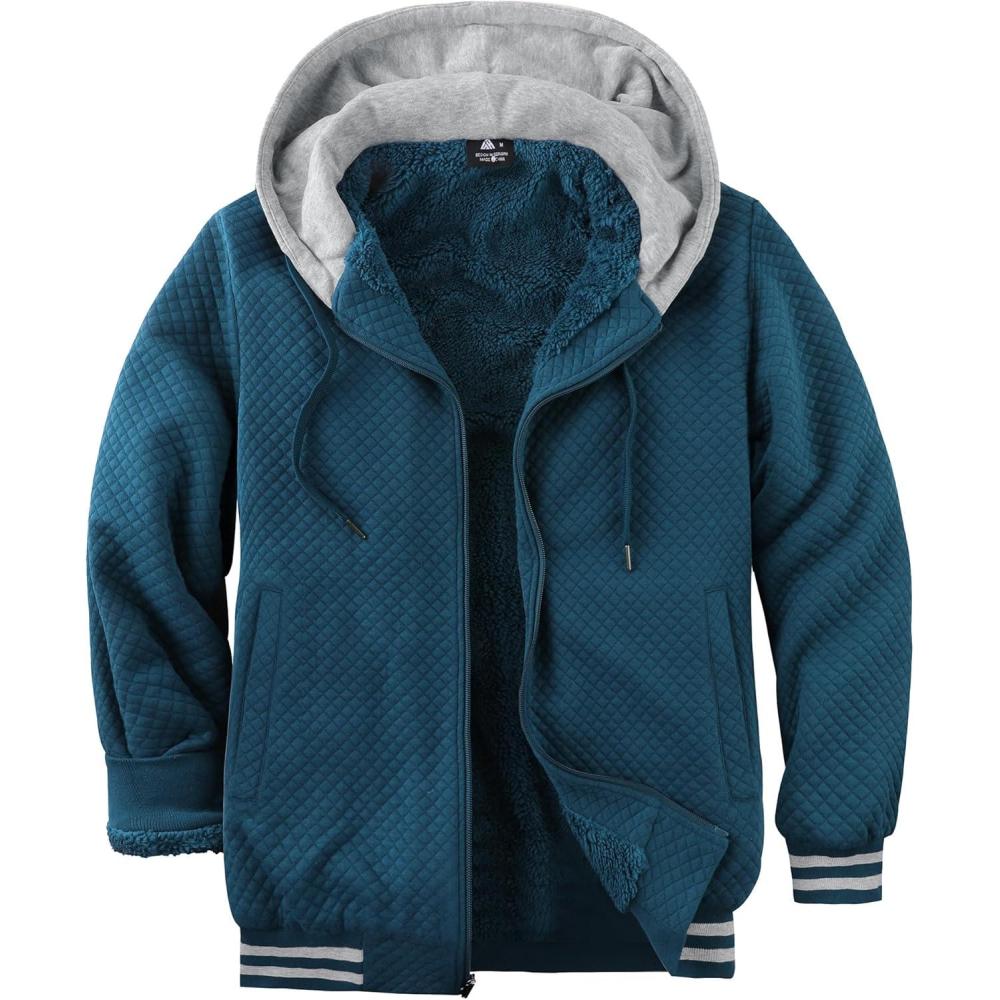 imageZITY Mens Zip Up Hoodie Sherpa Lined Heavyweight Jacket Waffle Knit Fleece Thick Winter Warm SweatshirtDark Teal Blue